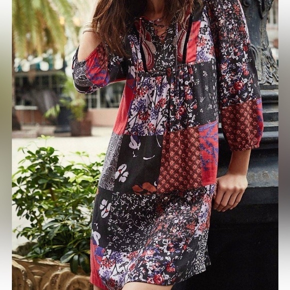 Anthropologie One September Blue, Purple, Patchwork Orange Lace Up Tunic Dress - Picture 15 of 15